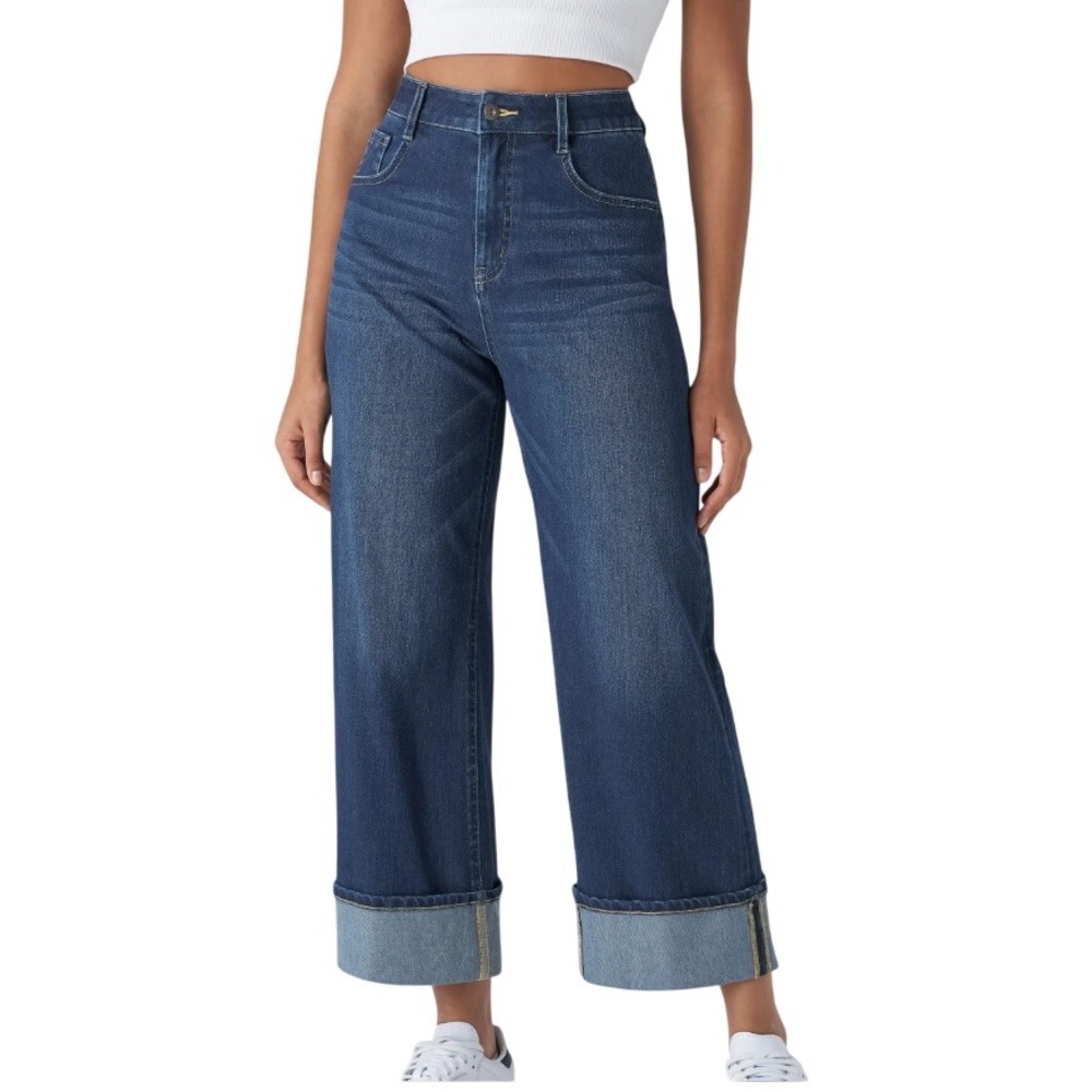 Halara Womens M Flex High Waisted Pockets Cuffed Wide Leg Washed Casual Jeans